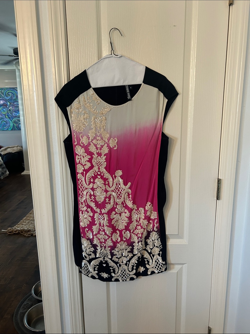 Yohanna Barashi Sleeveless Ombre Pink & Black Embroidered Shift Dress